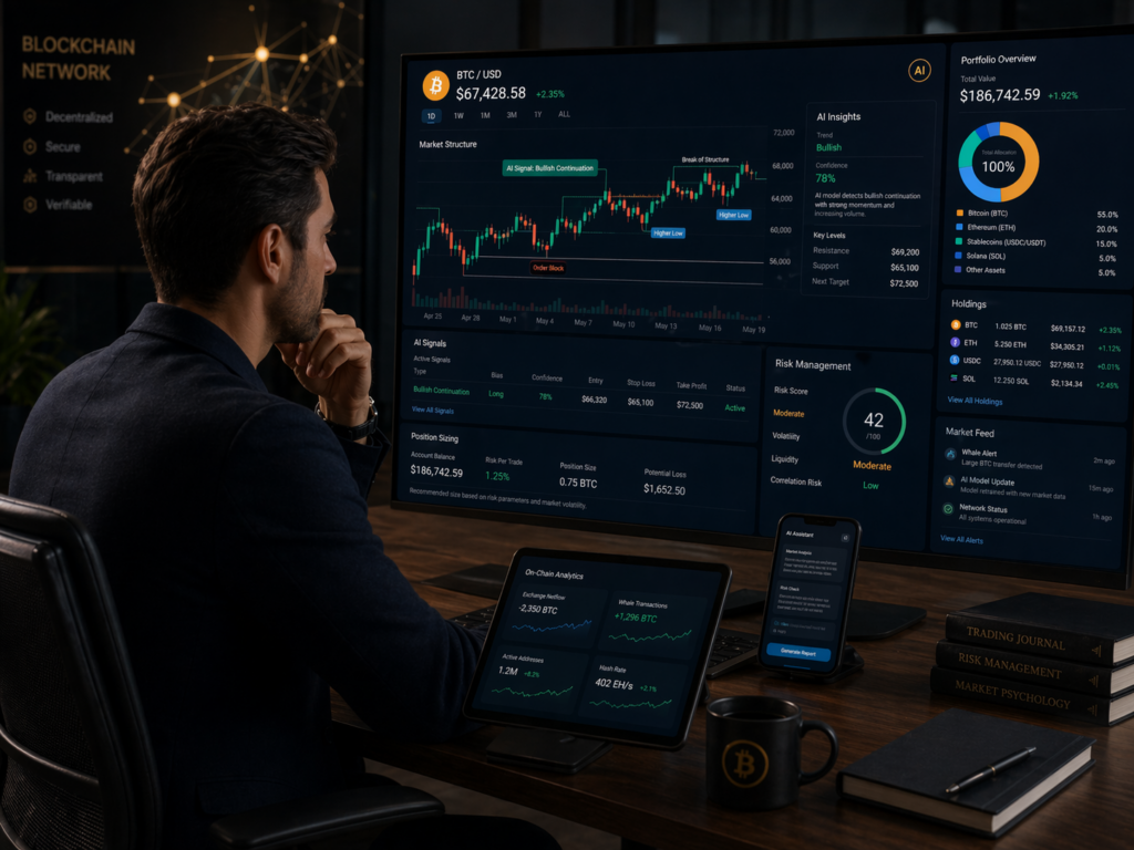 Investeerder analyseert een AI crypto trading dashboard met Bitcoin-grafieken, risicobeheer en portfolio-overzicht.